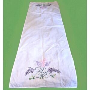 Embroidered Purple Lilacs Green Leaves Vines Table Runner Dresser Scarf Whimsy